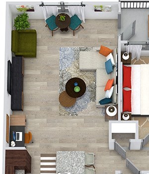 Wright 3D 3D Wright 1 bedroom floor plan apartment with L-shaped kitchen with island and pantry cabinet, open to living-flex space, hall closet, one bath with double sinks and 2 walk-in closets. Balcony.